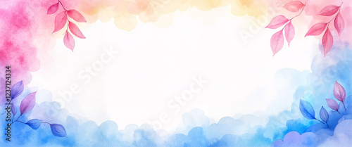 Watercolor floral border, gradient pink, blue, purple, copy space. Website, blog, card design, spring/summer themes.