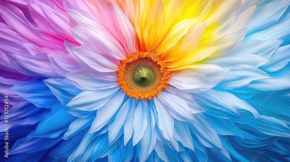 Obraz premium Colorful rainbow flower petals radiate from a central orange pistil in a vibrant digital illustration.