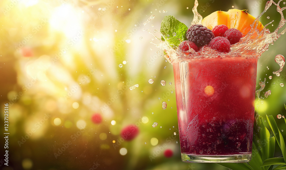 A Vibrant Fruit Smoothie Floating Mid-Air with Splashing Fruits, Offering a Refreshing and Energizing Drink Experience A Vibrant Fruit Smoothie Floating Mid-Air with Splashing Fruits, Offering a Refreshing and Energizing Drink Experience