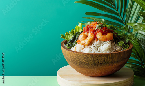 Nasi Kerabu in a Traditional Wooden Bowl Suspended, Offering a Colorful and Flavorful Malaysian Dish photo