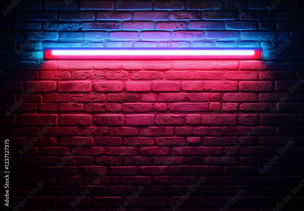 Blue and red neon lights on a brick wall. Blue and red neon lights on a brick wall.