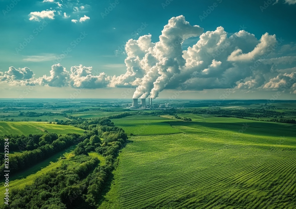 Fototapeta premium Aerial Shot: Nuclear Reactor Control Room and Cooling Towers Highlighting Energy Production and Safety Measures