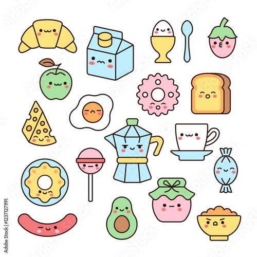 Cute food and drink set. Kawaii breakfast collection with croissant, egg, apple, toast, tea, candy, avocado, strawberry, donut, fried eggs, cookie, milk, cheese, coffee maker. Vector illustration.