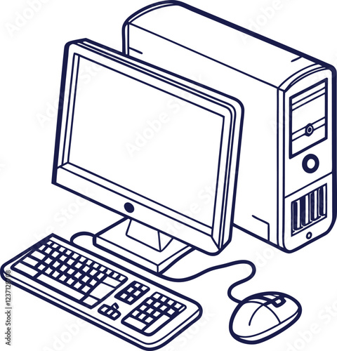  A computer line art on the white background. continuous line drawing of office worker concentrated behind computer