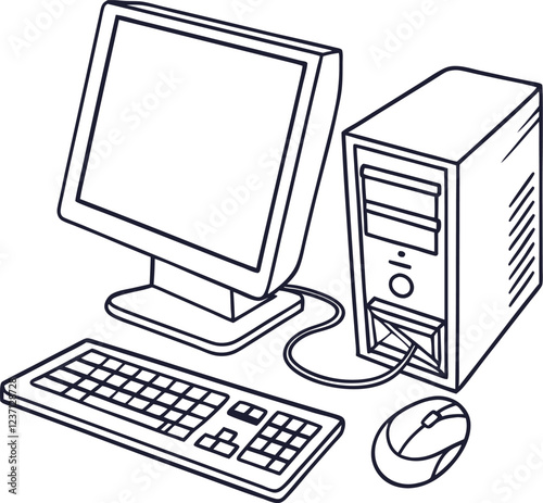  A computer line art on the white background. continuous line drawing of office worker concentrated behind computer