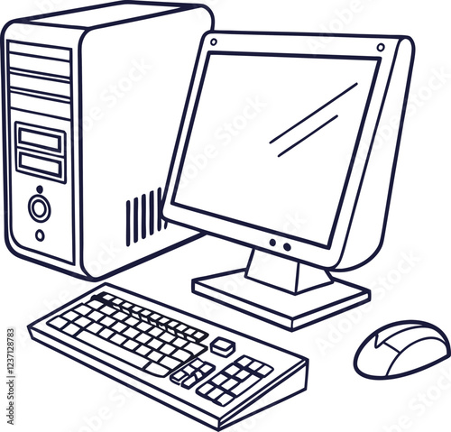  A computer line art on the white background. continuous line drawing of office worker concentrated behind computer