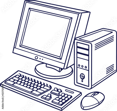  A computer line art on the white background. continuous line drawing of office worker concentrated behind computer