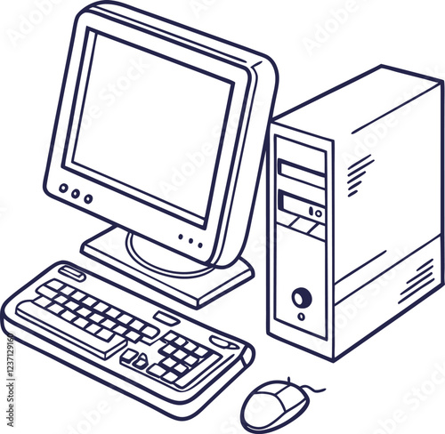  A computer line art on the white background. continuous line drawing of office worker concentrated behind computer