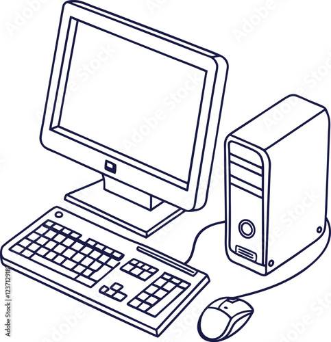  A computer line art on the white background. continuous line drawing of office worker concentrated behind computer