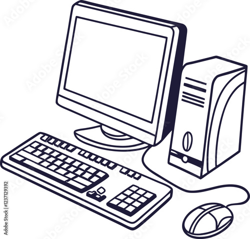  A computer line art on the white background. continuous line drawing of office worker concentrated behind computer