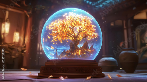 A glowing AI-powered storytelling orb projecting a hyper-detailed mythological tale with vibrant, lifelike holograms.