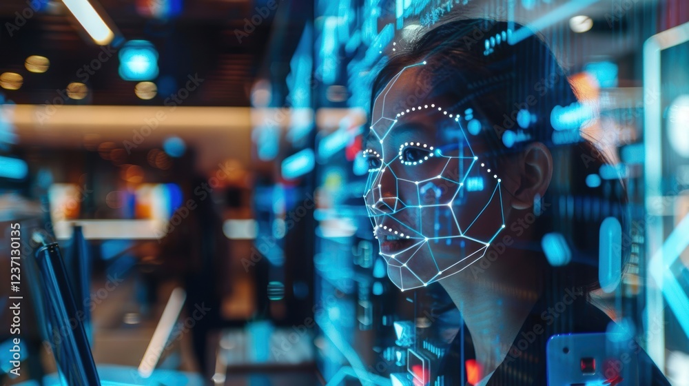 Facial Recognition Technology at High-Tech Retail Counter for Secure Payment Transactions Facial Recognition Technology at High-Tech Retail Counter for Secure Payment Transactions