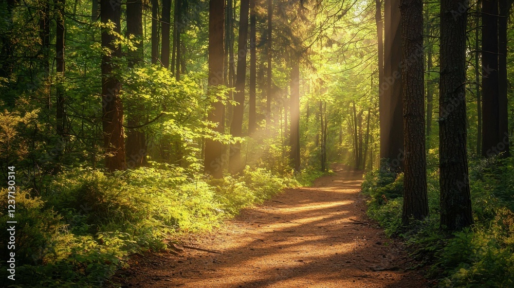 Obraz premium Tranquil Forest Pathway with Sunlight Filtering Through Trees