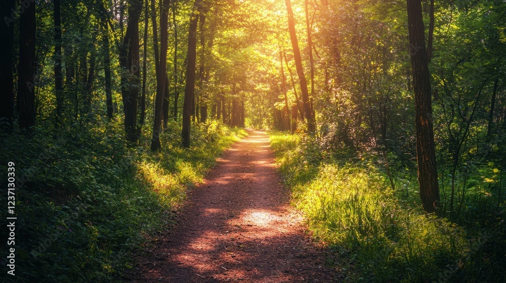 Fototapeta premium Serene Sunlit Pathway Through Lush Green Forest Landscape Scene