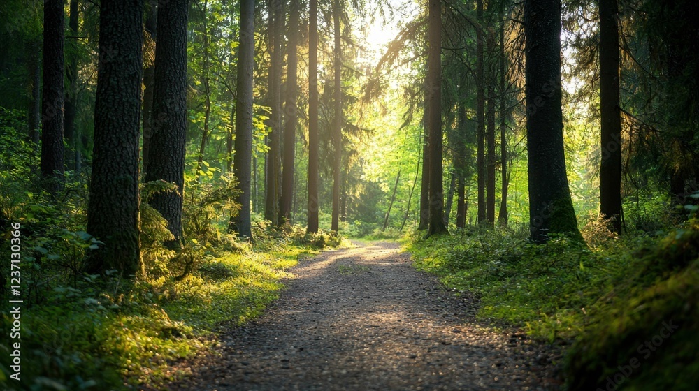 Obraz premium Tranquil Pathway Through Lush Green Forest Bathed in Golden Light