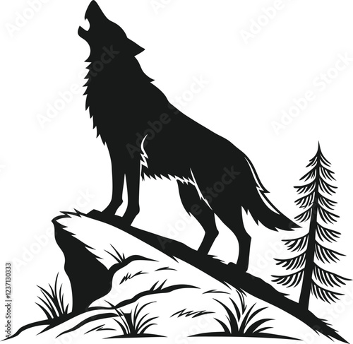 A stylized black and white silhouette of a wolf howling. Howling Wolf Vector Illustration - Cartoon, Clipart, and Line Art Design photo