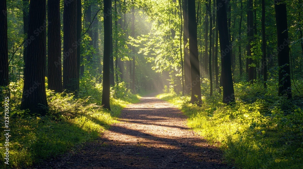 Obraz premium Serene Forest Pathway with Sunlight Streaming Through Green Trees