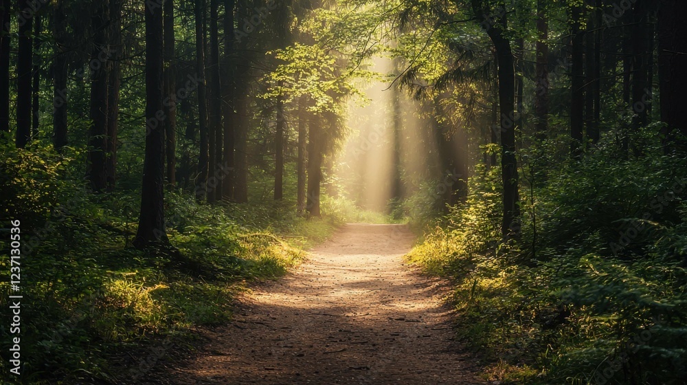 Serene Forest Pathway Bathed in Soft Sunlight and Lush Greenery Serene Forest Pathway Bathed in Soft Sunlight and Lush Greenery