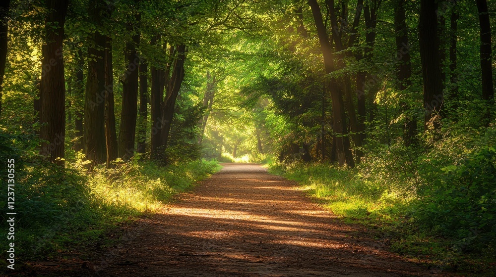 Fototapeta premium Serene Forest Pathway Surrounded by Lush Greenery and Sunlight