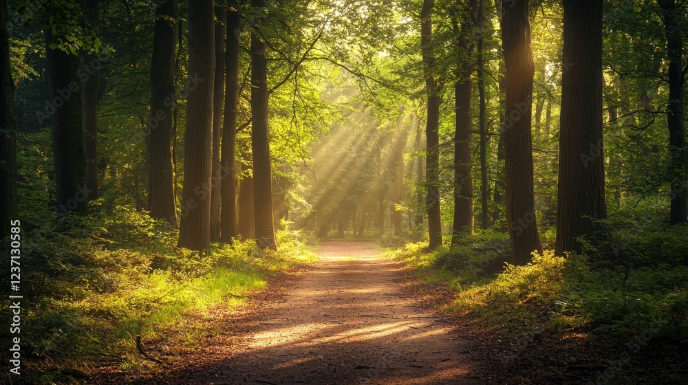 Fototapeta premium Sunlight Filters Through Trees in Lush Green Forest Pathway
