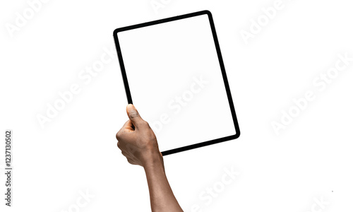 hand on a white background holding ipad with white  screen 
