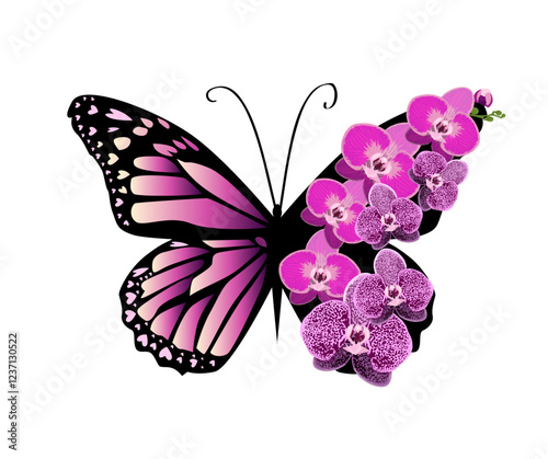Butterfly with orchid flowers. hand drawing. Not AI. Vector illustration
