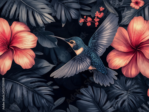Hummingbirds on a background of flowers.