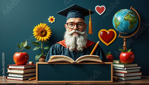 An Elderly Scholar in Academic Robes Reading a Book in Front of a Blackboard and a Frame, Surrounded by Symbols 