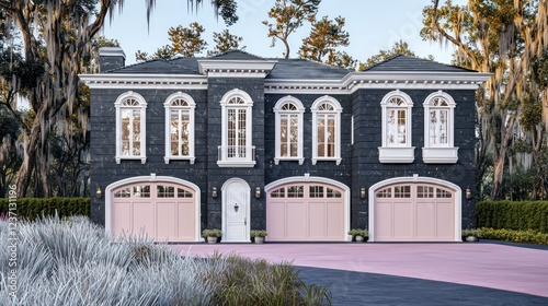 An image of an opulent two-story house with pearl white window and door trims photo