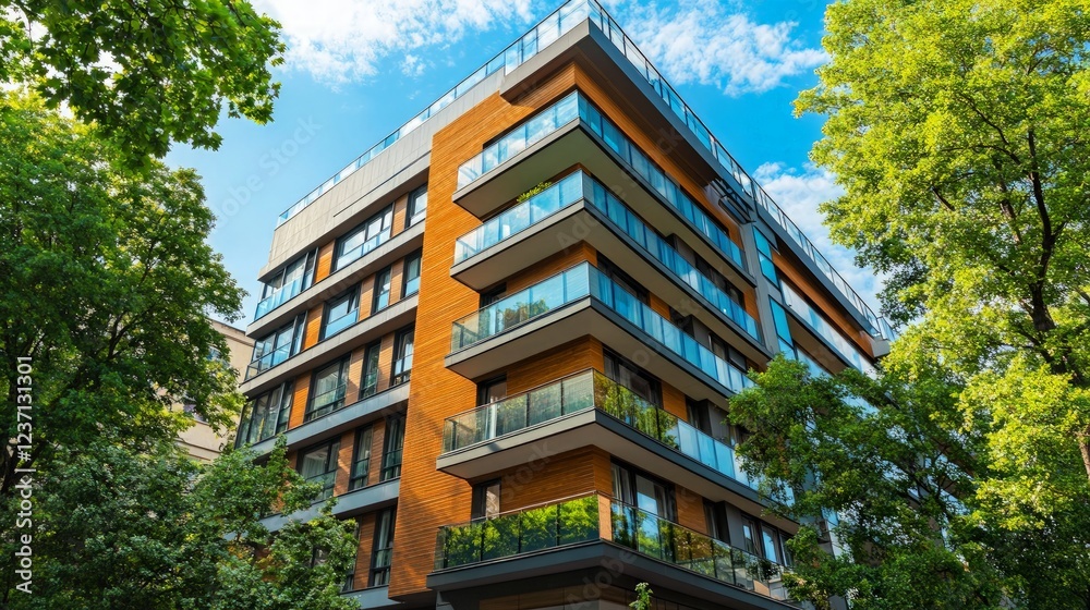 Obraz premium Modern Urban Apartment Building with Green Surroundings and Blue Sky