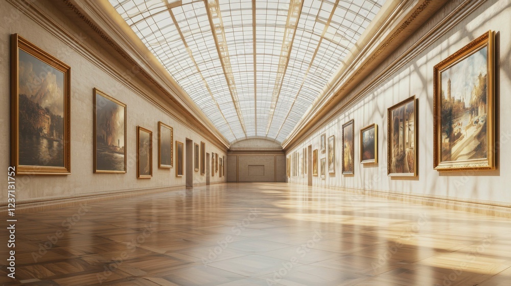 Fototapeta premium Elegant Art Gallery Interior with Natural Light and Paintings