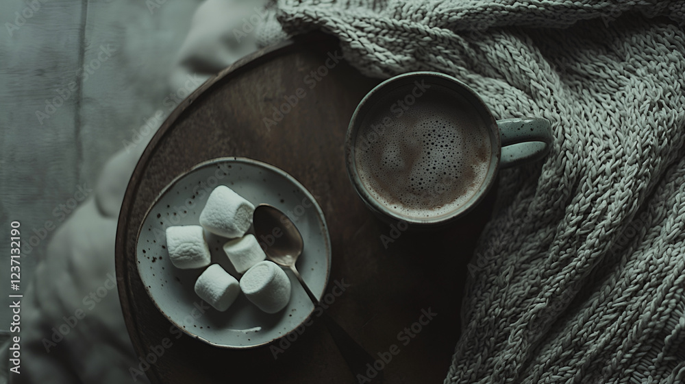 Cozy autumn scene: a warm beverage with marshmallows, nestled on a wooden tray with a soft knit blanket. Cozy autumn scene: a warm beverage with marshmallows, nestled on a wooden tray with a soft knit blanket.