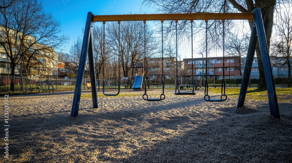 Empty playground with swings in a sunny urban park setting Empty playground with swings in a sunny urban park setting