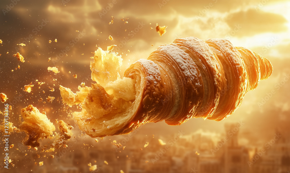A Buttery Croissant Hovering Mid-Air, Torn Apart with Layers of Flaky Perfection for a Morning Delight A Buttery Croissant Hovering Mid-Air, Torn Apart with Layers of Flaky Perfection for a Morning Delight