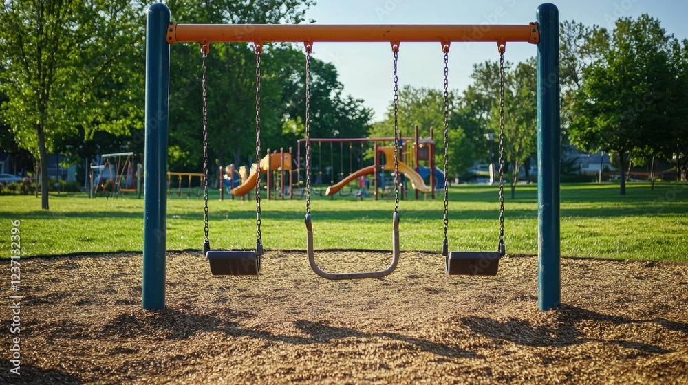 Vibrant Playground with Swings in a Sunny Park Setting Vibrant Playground with Swings in a Sunny Park Setting