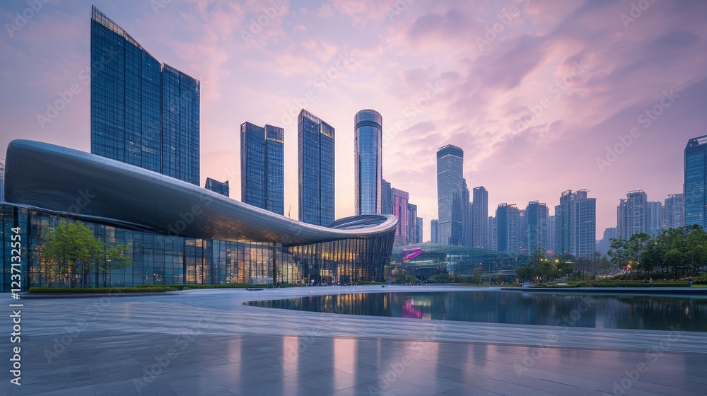 Obraz premium Modern Cityscape with Futuristic Architecture at Sunset in Urban Area