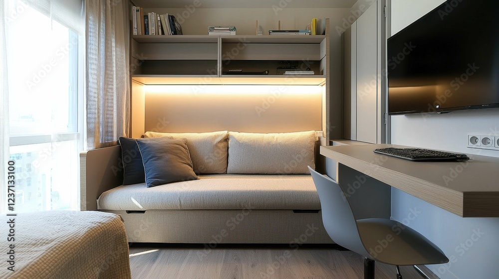 Fototapeta premium Modern Minimalist Living Space with Cozy Sofa and Desk Area