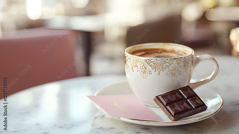 Fototapeta premium A cup of coffee and a square of dark chocolate rest on a marble table in a cafe, accompanied by a delicate pink card.