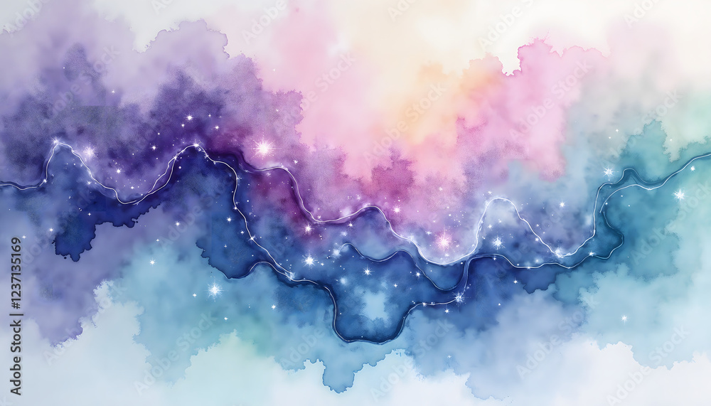 Fototapeta premium Watercolor illustration of psychic energy with flowing brushstrokes in luminous purples, blues, and greens creating a dreamy composition