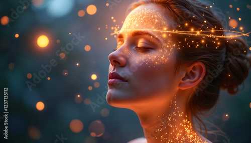 A woman with glowing geometric symbols depicting psychic energy flow emerging from her forehead in a meditative background