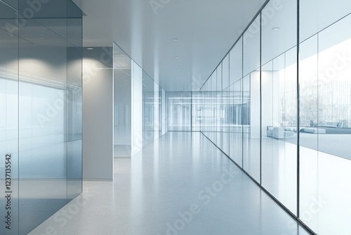 Wallpaper Mural Bright corridor with glass walls, sleek reflective surfaces, and abundant natural light, creating a futuristic and open architectural design. Torontodigital.ca