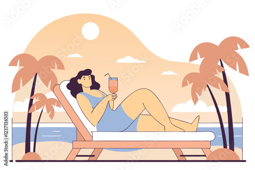 Woman is sunbathing on a chaise longue with a cocktail in her hand. Summer tropical resort