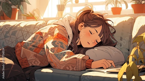 Tired, unmotivated young woman napping on a cozy couch after a hard day, experiencing exhaustion