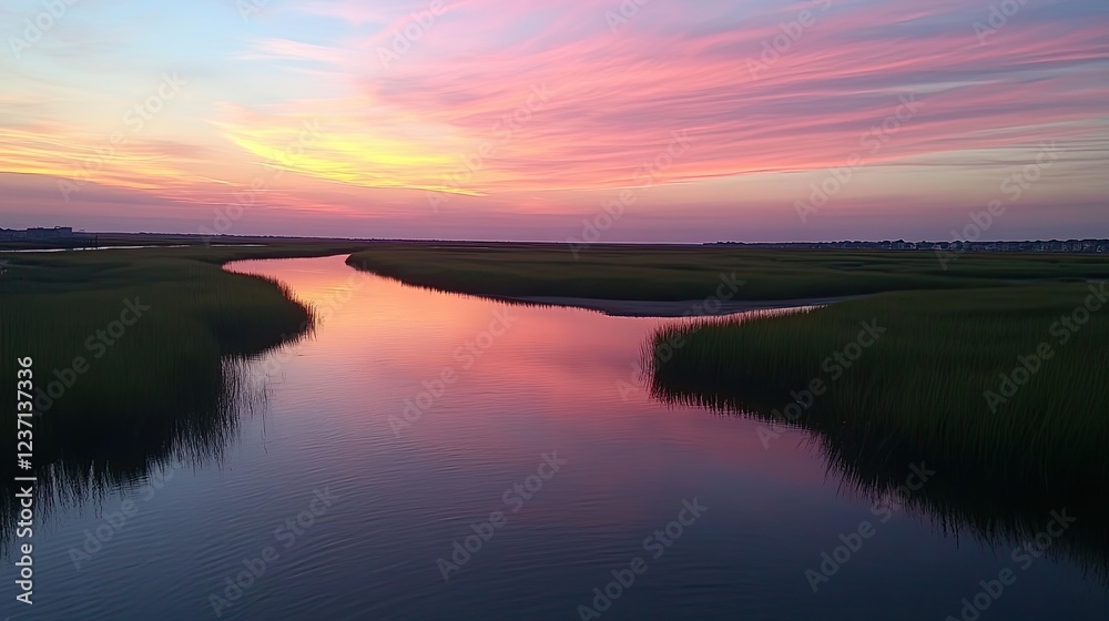 Fototapeta premium Serene Sunset Over Coastal Marsh Waterway