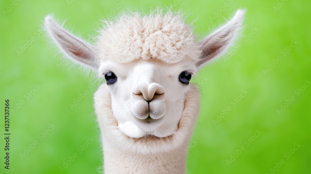 Fototapeta premium Fluffy white alpaca portrait, green background, farm animal