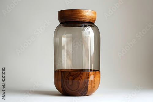 glass kitchen jar, frasco de cocina de vidrio esmerilado con tapa de madera, elegante y presentado en fondo blanco sin detalles photo