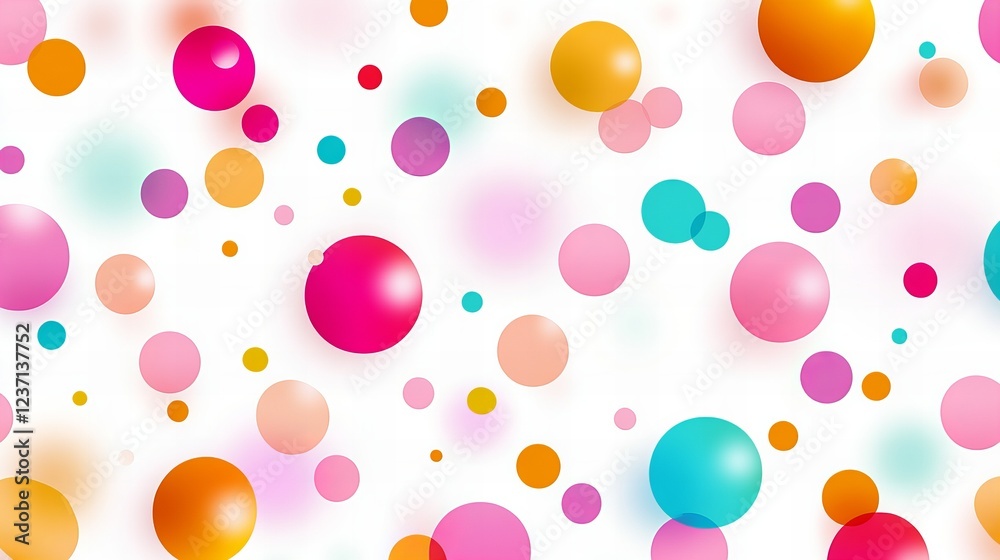 Colorful bubbles float on a white background, creating a cheerful and playful mood.
