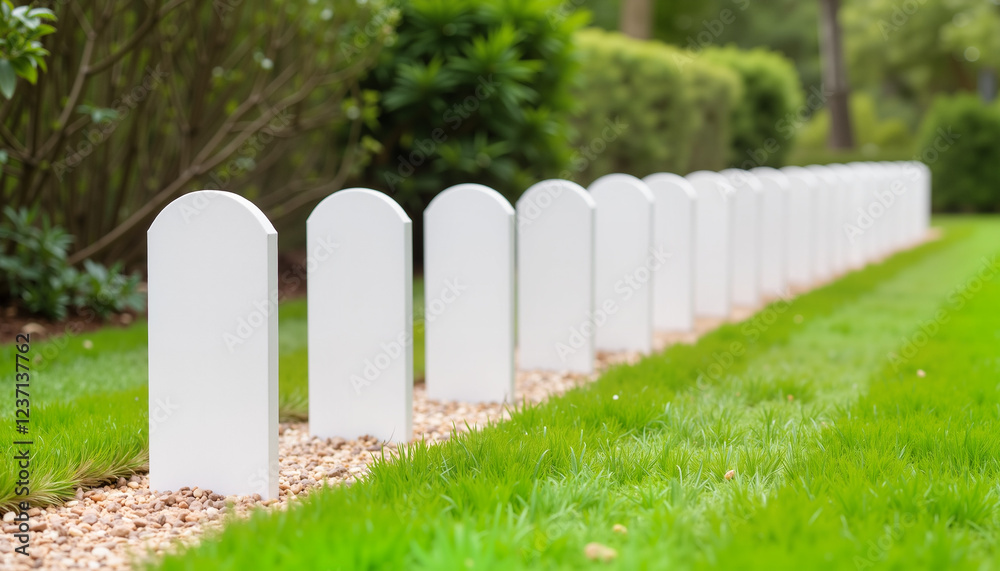 White markers in a neat row on green grass White markers in a neat row on green grass