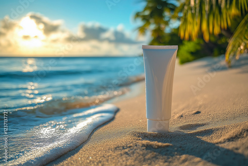 a white tube of cosmetic cream without labels on the background of the beach.