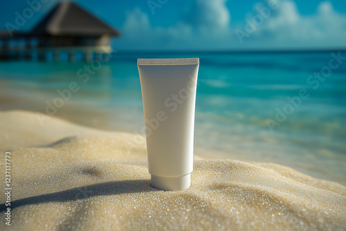 a white tube of cosmetic cream without labels on the background of the beach.